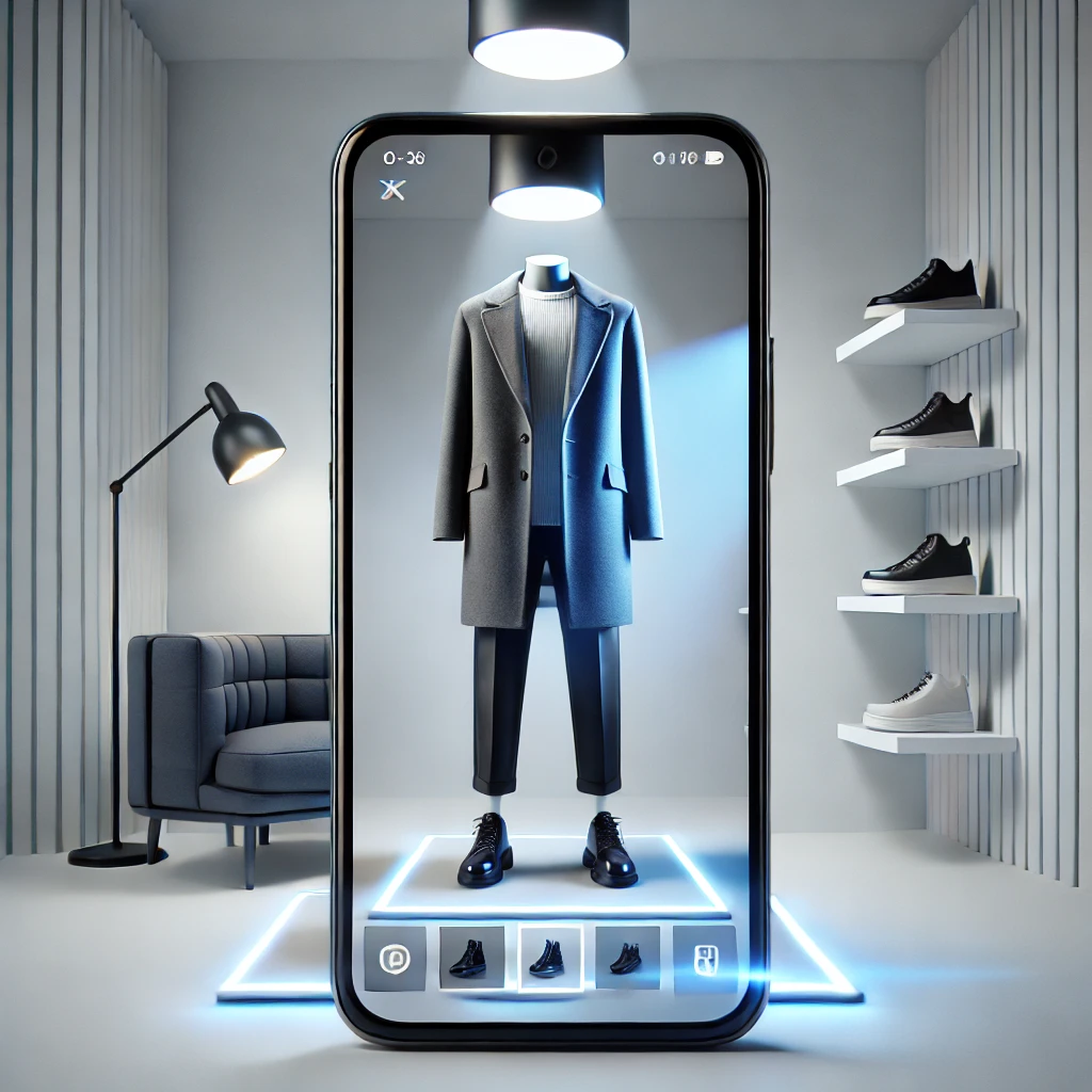 DALL·E 2025-02-18 04.02.48 - A realistic 3D virtual try-on experience displayed on a smartphone screen. The phone shows an augmented reality interface where a user is trying on a